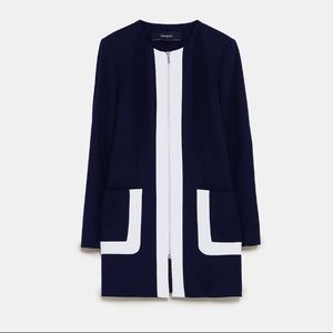 Zara blue white trim round neck jacket coat small